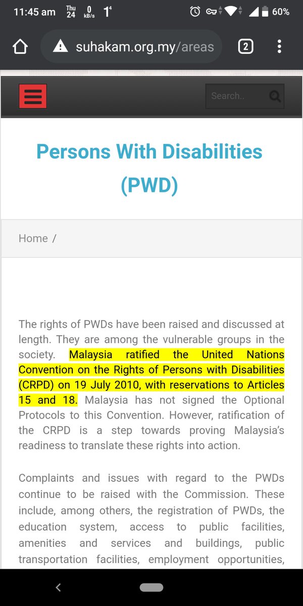 In 2010, Malaysia made a commitment to the international community; and OKU in Malaysia, by ratifying the Convention on the Rights of Persons with Disabilities (CRPD)... https://www.suhakam.org.my/areas-of-work/pendidikan/orang-kurang-upaya-oku/