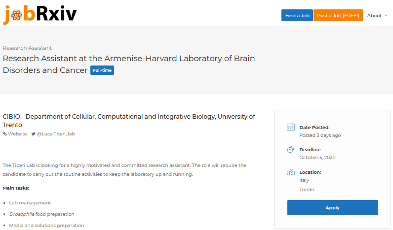 #ScienceJobs:

Research Assistant at the Armenise-Harvard Laboratory of Brain Disorders and Cancer with <a href="/LucaTiberi_lab/">TiberiLab</a>

CIBIO - Department of Cellular, Computational and Integrative Biology, University of Trento, Italy

jobrxiv.org/job/cibio-depa…

#braincancer #ResearchAssistant