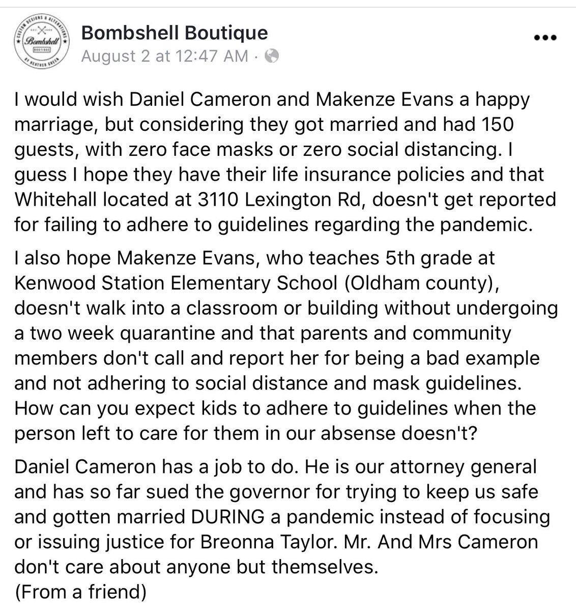 An business in Lexington, KY, Bombshell Boutique, blasted Daniel Cameron for getting married with 150 guests in attendance and “zero masks and zero social distancing.”