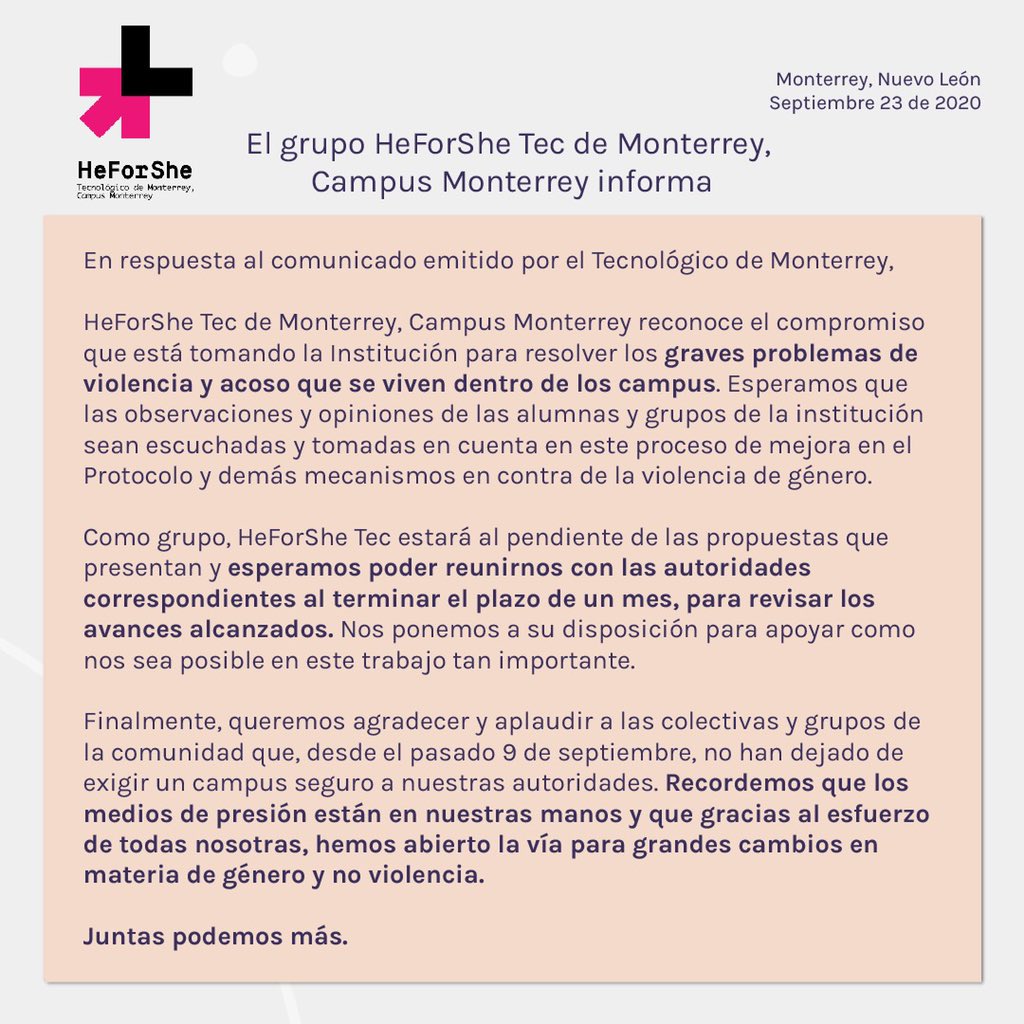 HeForSheTec's tweet photo. En respuesta al comunicado emitido por el Tecnológico de Monterrey: https://t.co/pVdnIw1TXN