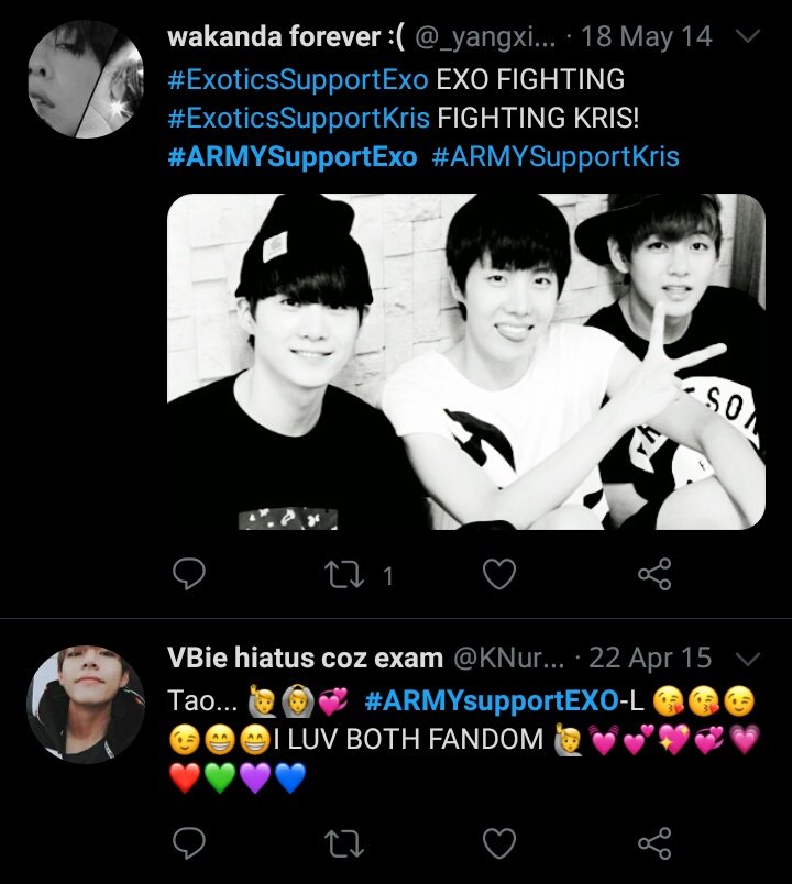 lovelytaebear's tweet photo. omg y'all i found these tweets from 2014 and it's heart breaking to see how different #ARMY and #EXOL compared to now :(
BTW FIGHTING EXOL, EXO DESERVE BETTER !!!! #ARMYSUPPORTEXO #ARMYSUPPOREXOL #EXOLEAVESM https://t.co/2h4H93yFEM