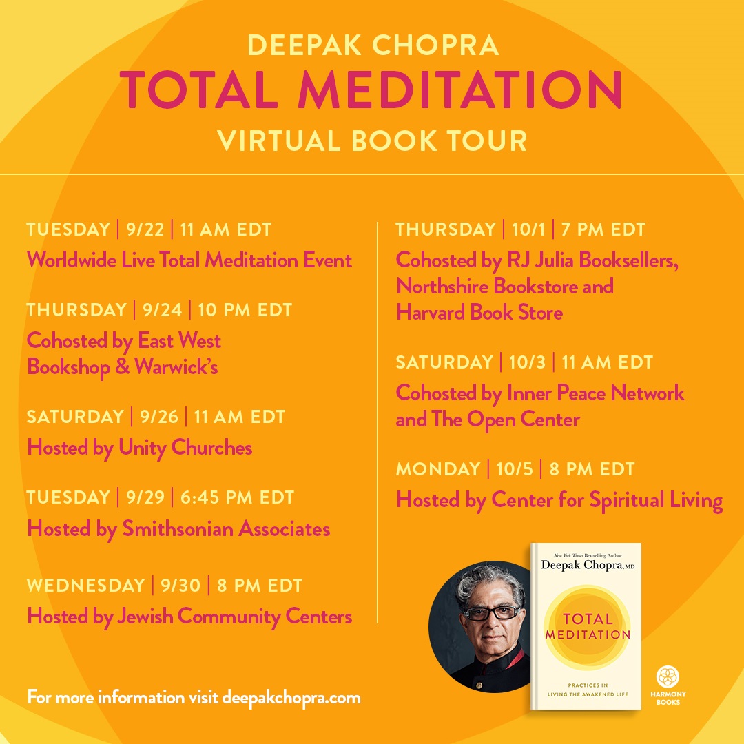DeepakChopra's tweet image. Please join me tomorrow, 9/24, for a virtual event. You will learn how to use the practices of meditation and awareness tools that will transform your life and help you recover who you really are. 

Register at eastwestbookshop.com/products/deepa…