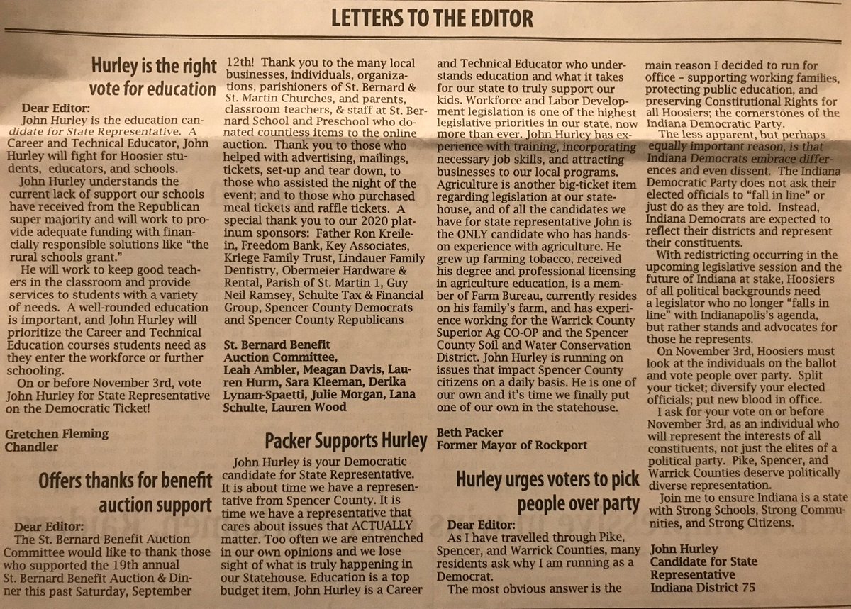 Hurley4Hoosiers's tweet photo. Good day in the paper. #Hurley4Hoosiers #election2020 https://t.co/aJDFS2suWN