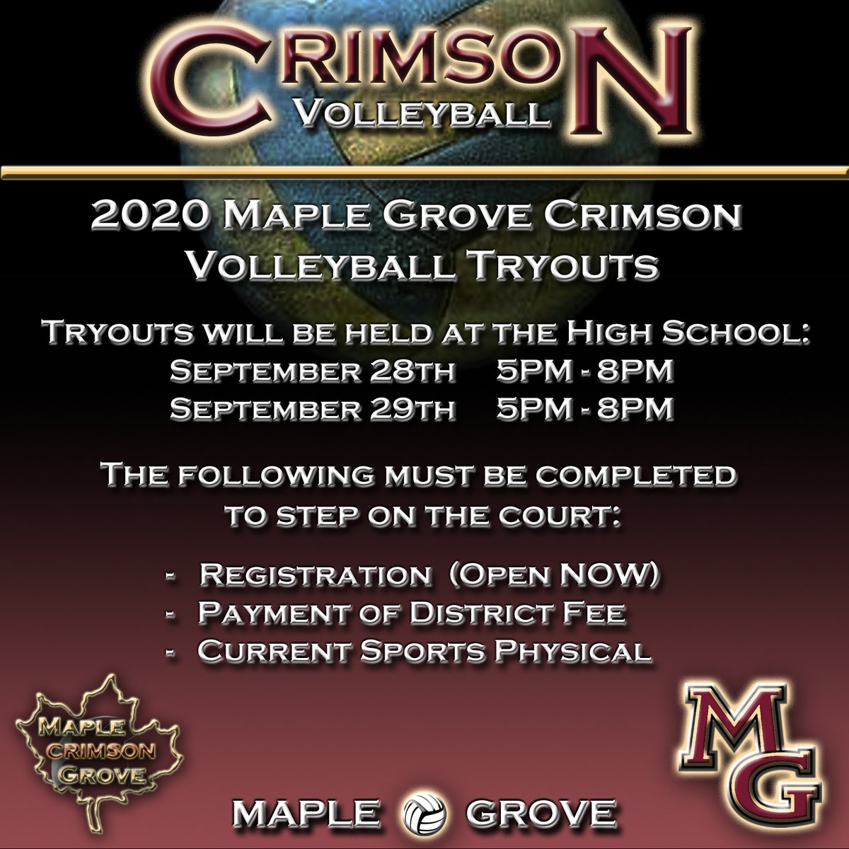 crimson_vb's tweet photo. Crimson Volleyball Fall Tryouts are HERE!!!
We will be holding MGVB tryouts on Monday & Tuesday next week from 5-8PM to kick off the 2020 season! Get registered today and let's get ready to GO!
#FallVolleyballisBack #TryoutTime #crimson_vb https://t.co/OoPZho2w6G