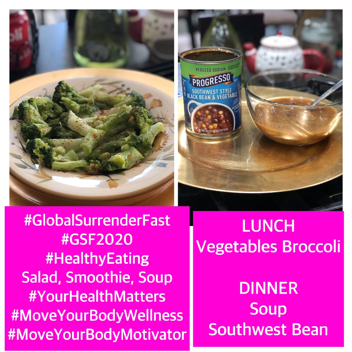 MrsPRProtocol's tweet photo. What to Eat?
When to Fast?
How to Pray?
Ask God for direction and He will guide you!
For ME: I joined @DrCelesteOwens #40Days #GlobalSurrenderFast #GSF2020 I AM Surrendering unhealthy food for #HealthyEating
#Salad #Smoothie #Soup #YourHealthMatters
#MoveYourBodyWellness https://t.co/BB9QQH30ob