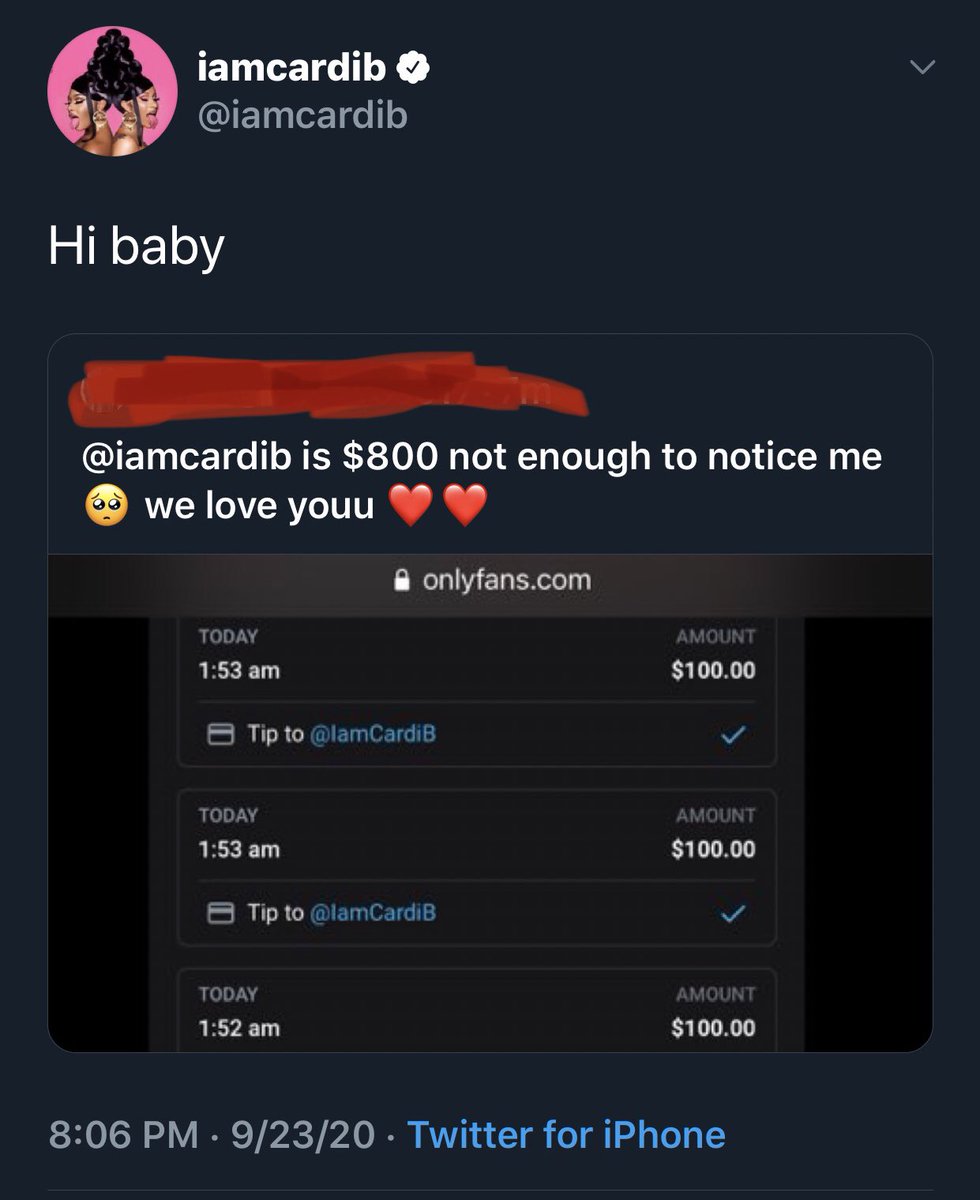 domislivenews's tweet photo. A Man Tipped Cardi B $800.00 On Onlyfans to Notice Him https://t.co/9moB2IhIfc
