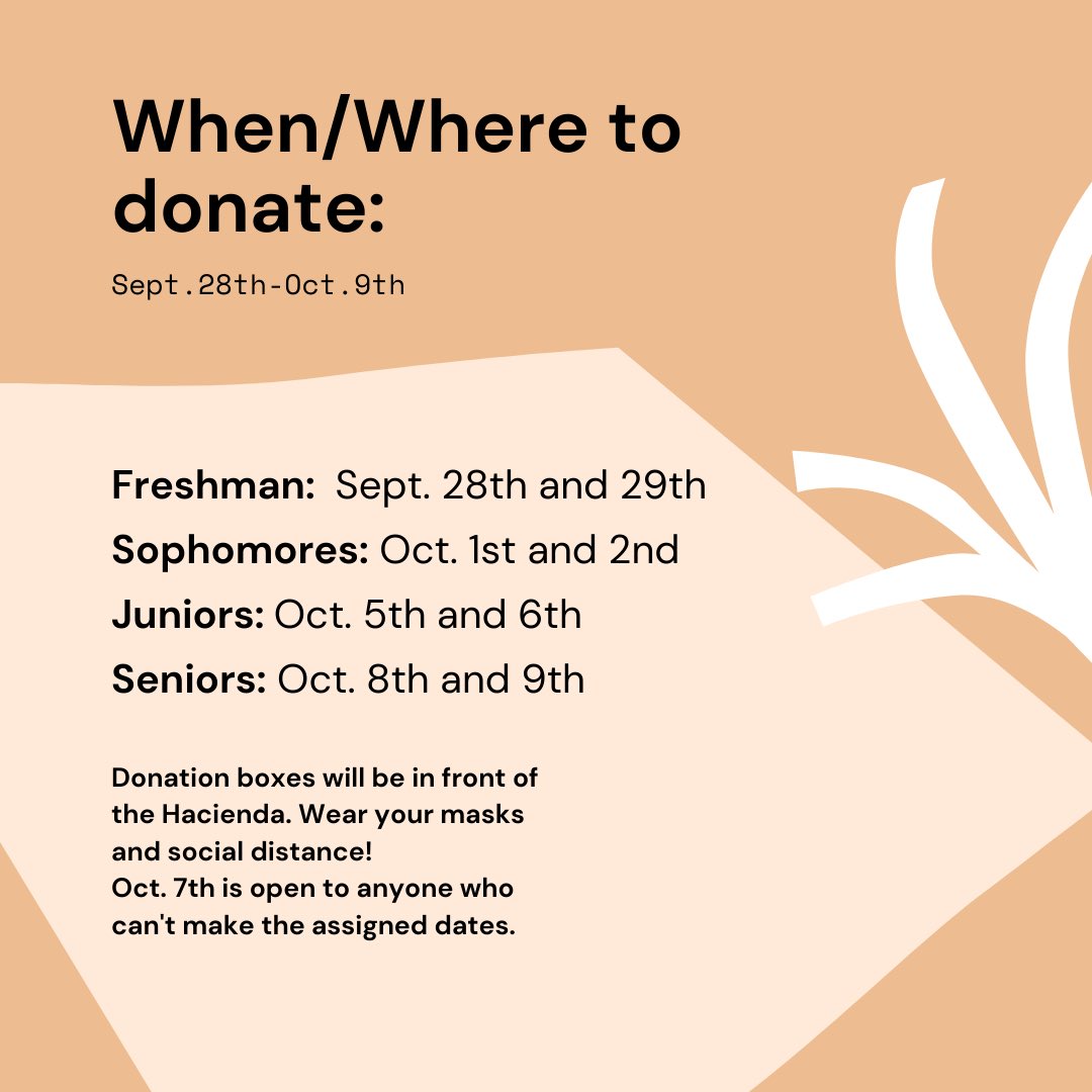 Hey Conquerors! It’s time to give back to our community and help those in need! We invite you to come participate in our canned food drive this upcoming month. Remember when dropping off your canned goods on campus wearing a mask and practicing social distance is required.