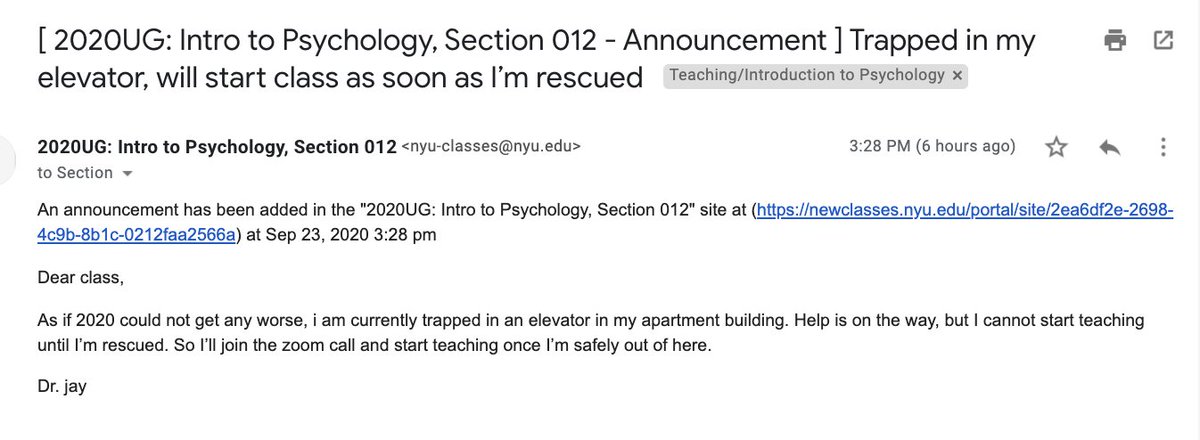 Thankfully, I managed to login and send out an email announcement to the class by 3:28pm.The subject line: "Trapped in my elevator, will start class as soon as I’m rescued"