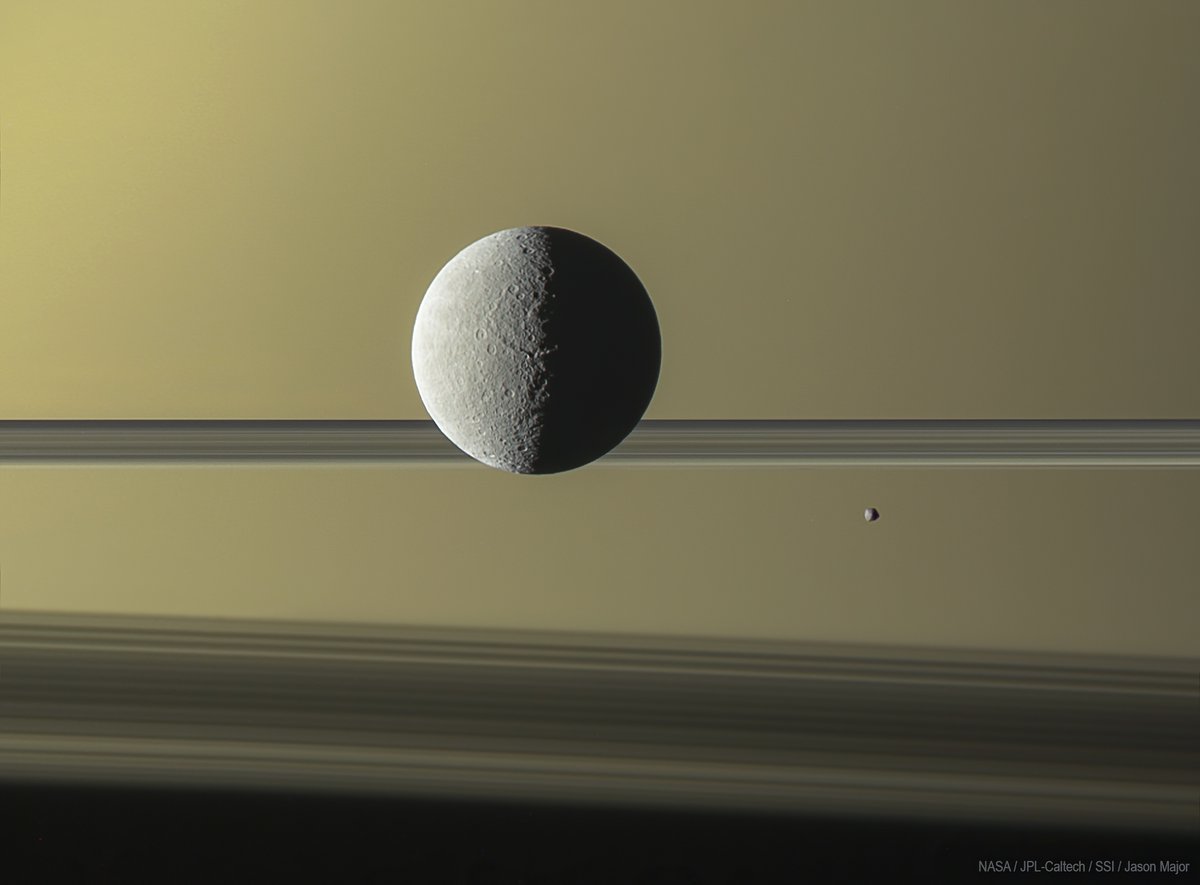 JPMajor's tweet photo. Rhea and Epimetheus in front of Saturn, imaged by #Cassini on March 24, 2010 https://t.co/YRZ7AOKS95