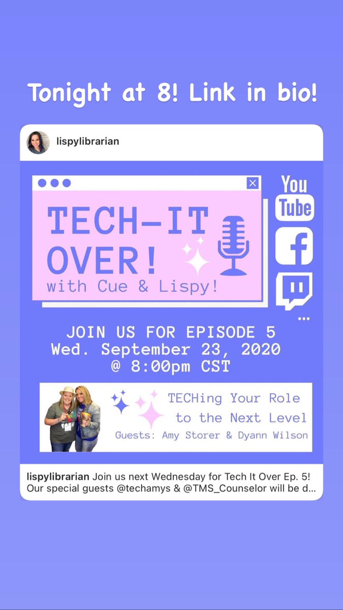 lispylibrarian's tweet photo. Thanks so much @techamys and @TMS_Counselor for joining @cuethelibrarian and I for an awesome show! And thanks to everyone for watching! Don’t forget to enter the giveaway for stickers! #techitover https://t.co/YlyGjv5VSd