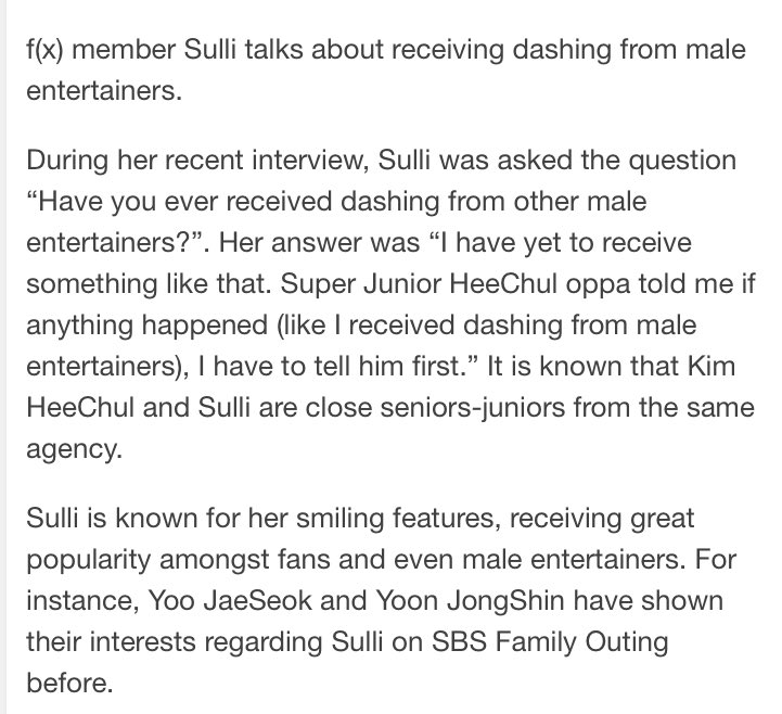 SULLI (F(X))"heechul is like olaf.""heechul told me if anything happens (approached by male entertainers), i have to tell him first.""everyone knows that heechul always support us right?""i'm always thankful & i want to thank him too."