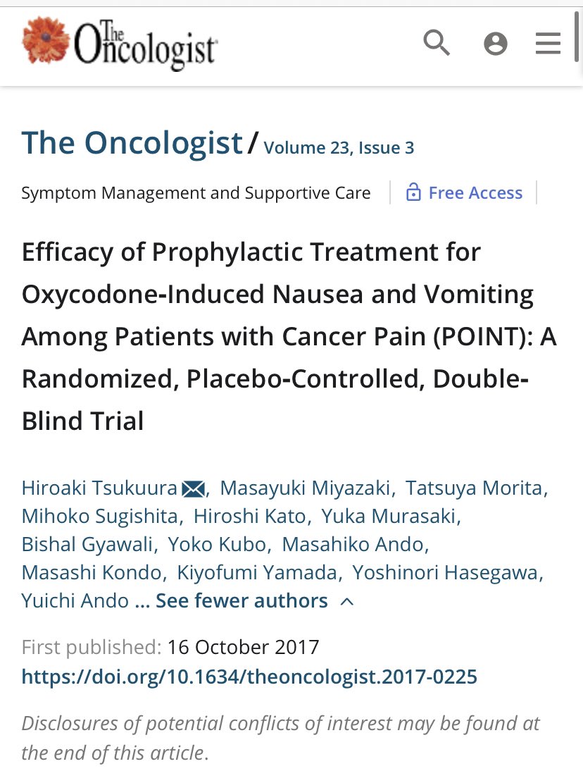 Based on the results of this survey, we launched a double blind, placebo controlled RCT of prophylactic prochlorperazine for opioid induced N&V.  https://theoncologist.onlinelibrary.wiley.com/doi/full/10.1634/theoncologist.2017-0225  #supportivecare