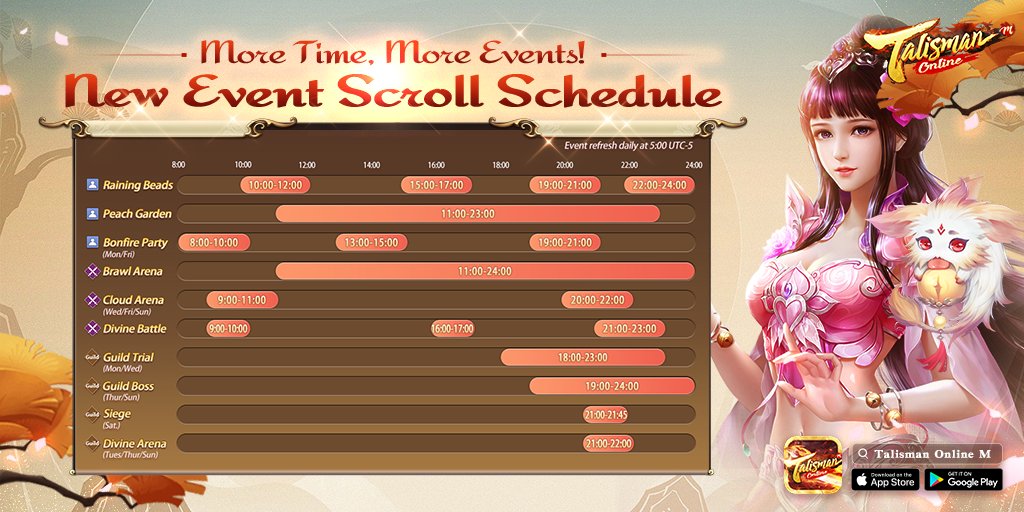 TalismanOnlineM's tweet photo. #TOMPreview
😍To better meet the needs of immortals in different time zones, we have adjusted the event scroll schedule after the update. 

😎You can tell from the schedule that the majority of PVP events have more sessions per day!

Hope you will enjoy TOM more! ❣️❣️

#pvp https://t.co/q8AYz2eZTY