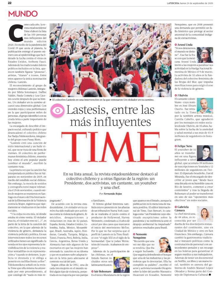 rmunizagav's tweet photo. Lo de Lastesis en revista Time va mañana en La Tercera a página completa en la sección Mundo. En El Mercurio va un breve sin foto en Espectáculos. https://t.co/Jphi3bYb2i