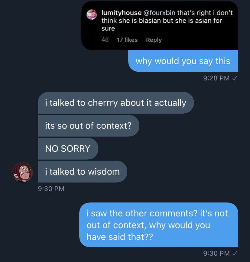 so i knew i needed to address it with zey after vague tweeting. so i did. she sent screenshots of dms that i will not be showing to respect wisdom’s privacy (WISDOM IS NOT INVOLVED DO NOT WORRY) however, the conversation soon turned into zey turning this into a guilt trip 