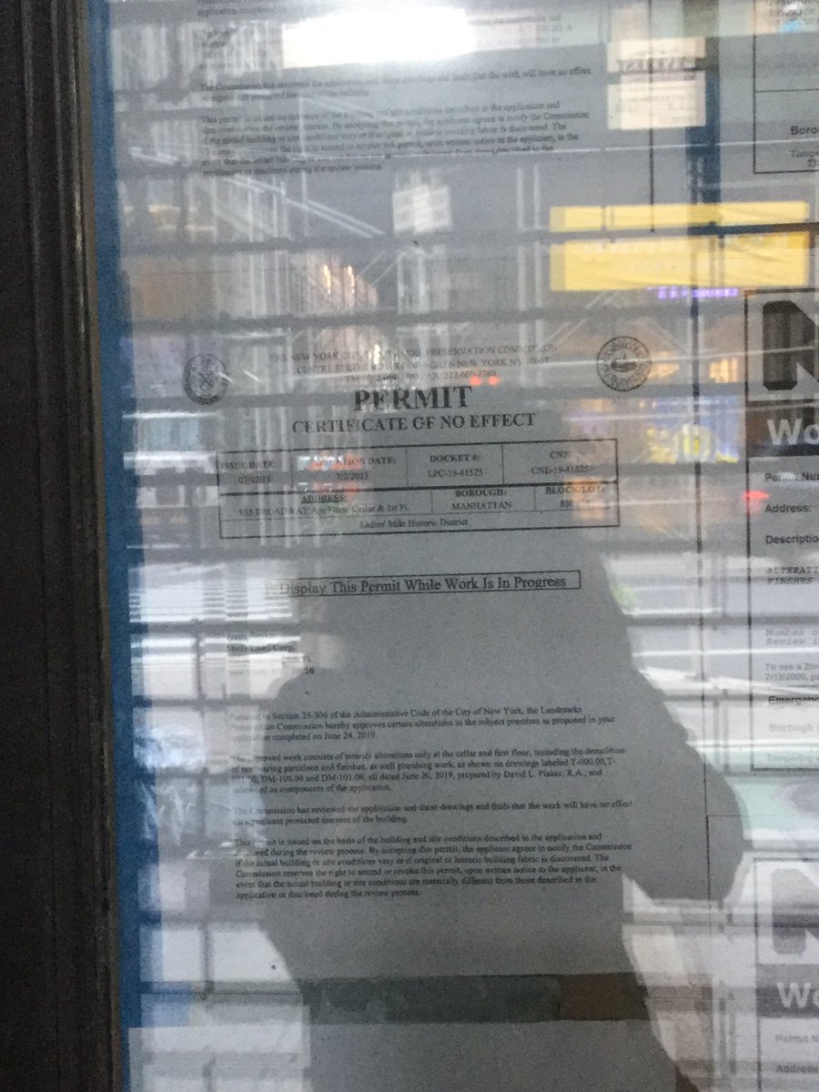 The work permits. From what I can read of them (the pictures initially looked better after I took them, sorry they look a little fuzzy), work began on some level in fall 2019, and the store will occupy three floors.