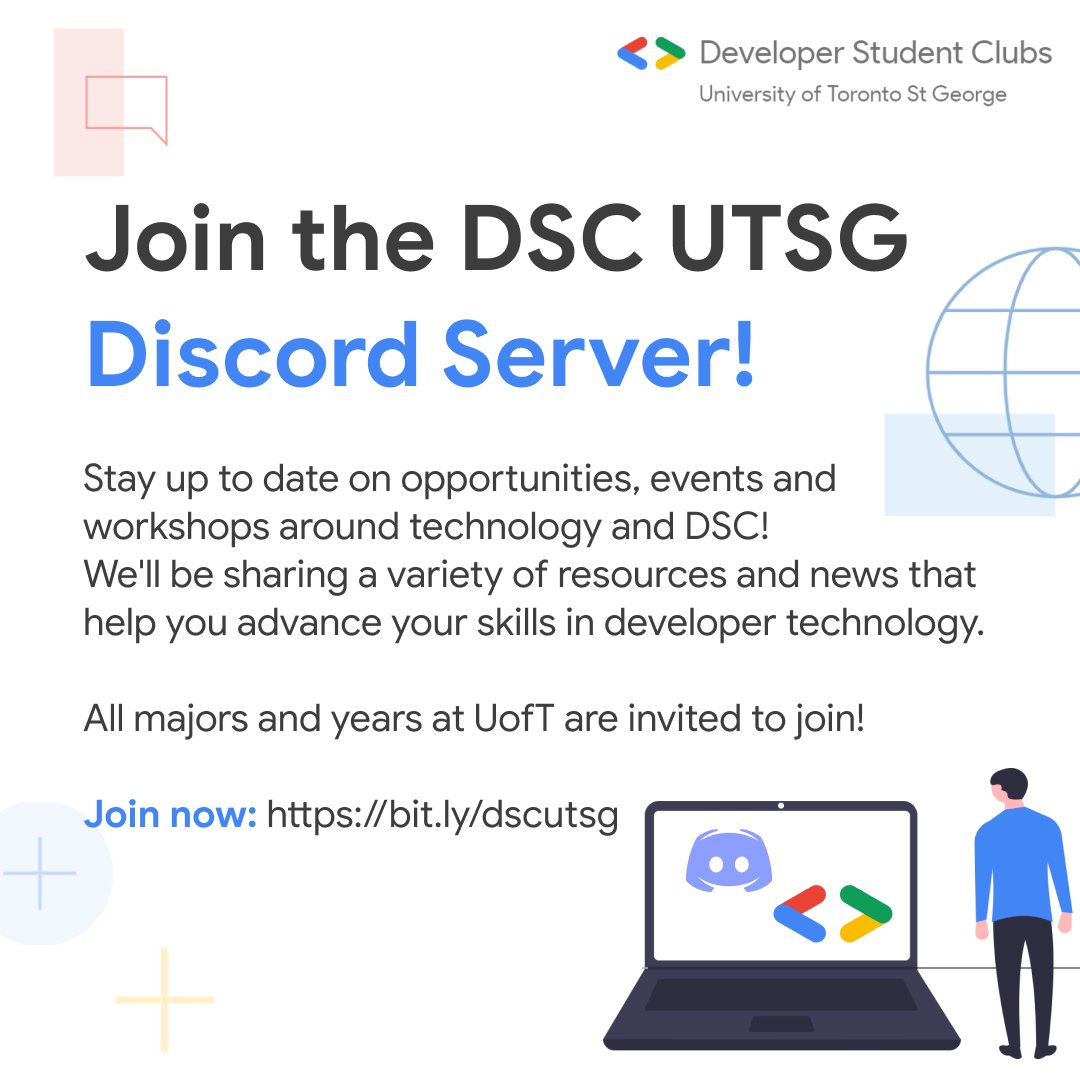 dscutsg's tweet photo. Join our Discord to stay up to date on opportunities, events and workshops around technology and DSC!  All majors and years at UofT are welcome!

Join here: https://t.co/oqEiORa4Th

#DeveloperStudentClubs #DSC #dscutsg https://t.co/tOnIurUCWM