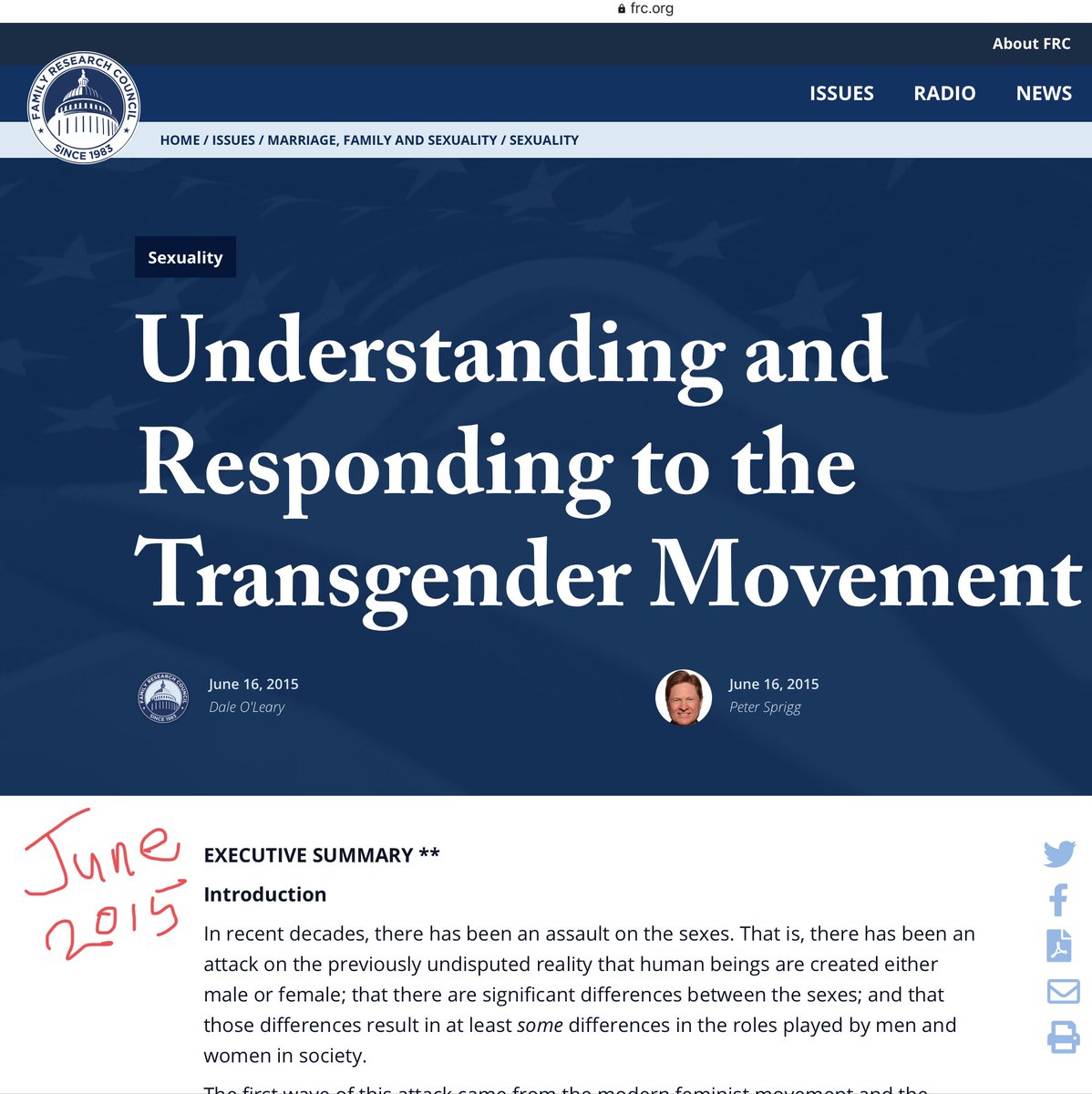 So let’s look at what FRC was saying about the transgender issue before, to our knowledge, anyone there had exchanged even an email with a radical feminist. From 2015, this is their report, “Understanding and Responding to the Transgender Movement.” https://www.frc.org/transgender 
