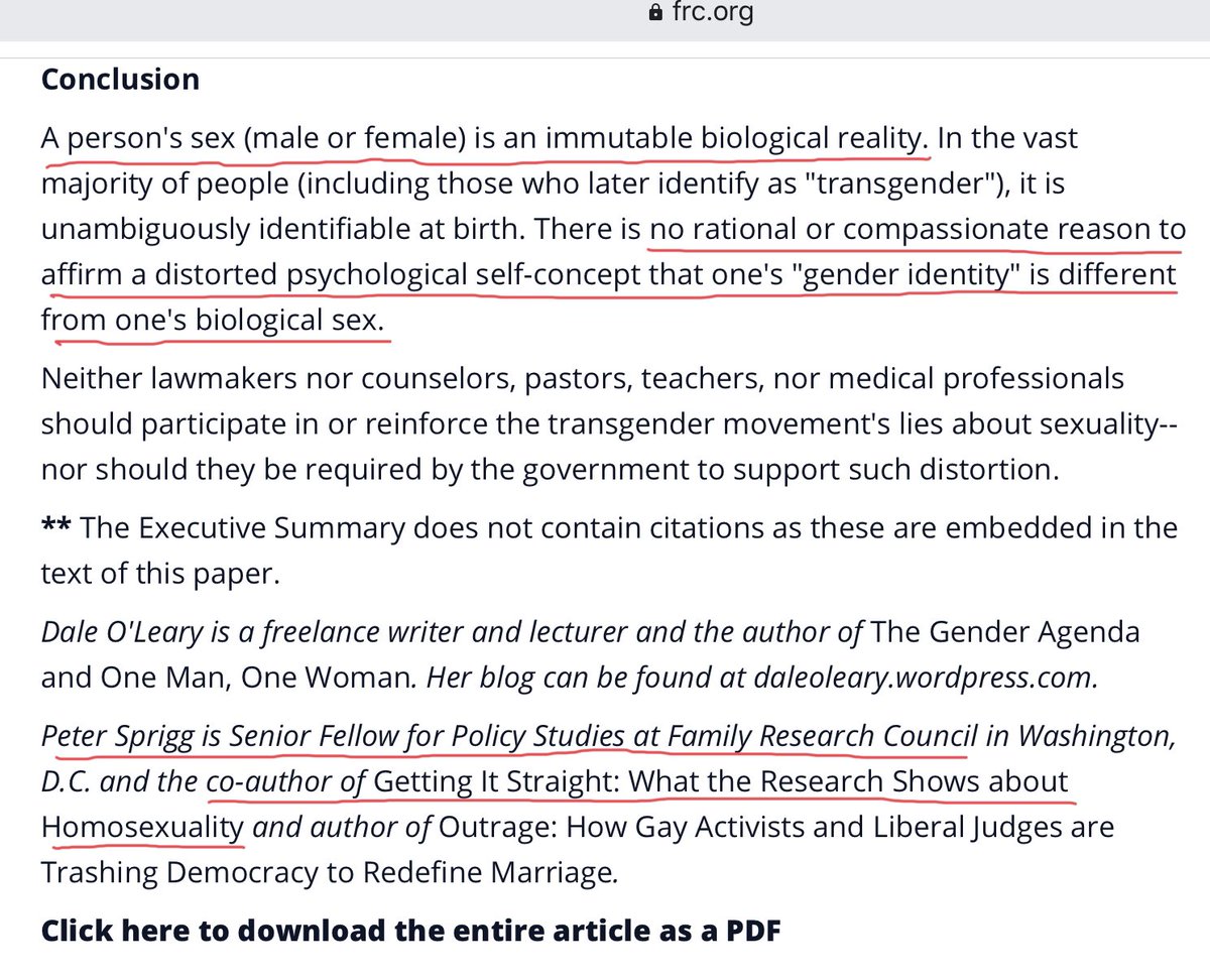 Here’s the conclusion of their report, co-authored by Peter Sprigg, who’s written very negatively about same-sex attraction: “There is no rational or compassionate reason to affirm a distorted psychological self-concept that one’s ‘gender identity’ is different from one’s...sex.”