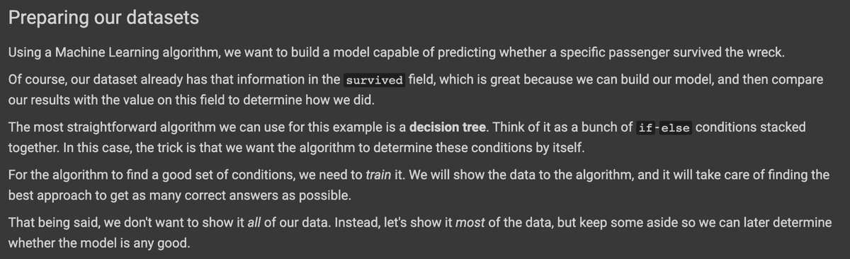  Let's now prepare de datasetsOn this problem, we are going to use a Decision Tree.To train a model, we first need to prepare the datasets by splitting the data into two. The result of this step will be the input to our decision tree. 