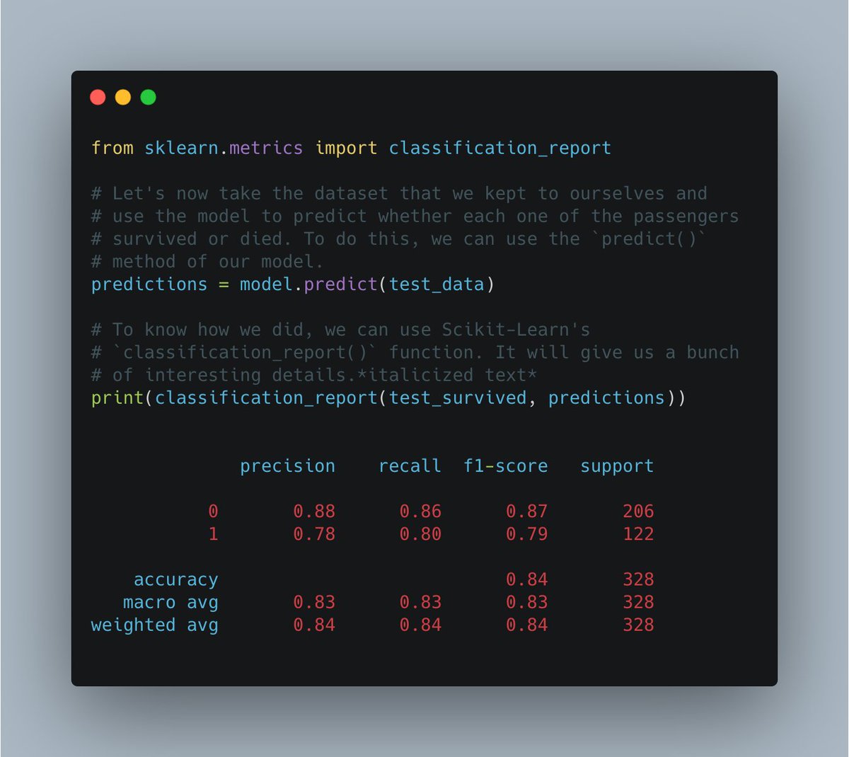  Evaluating the resultsAfter we train the model, we can use the test dataset we created before to evaluate it and ensure that we have something that works.We can print a classification report to display a bunch of statistics about our model.84% accurate answers !