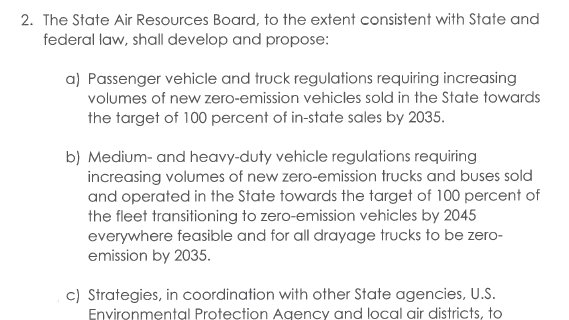 So those are the goals. What's the implementation pathway? The EO directs the California Air Resources Board (CARB) to take action to implement the EO's goal via regulation.