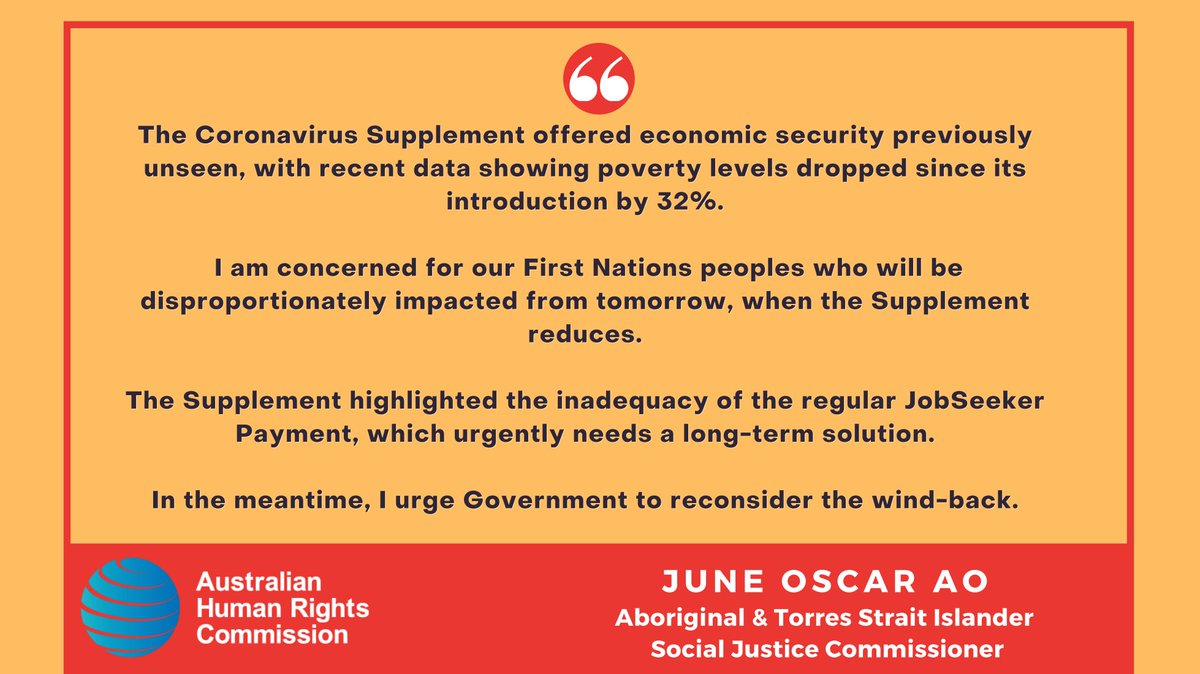 The Government's Coronavirus Supplement has provided a much-needed lifeline out of poverty for a third of JobSeekers. Sadly, from tomorrow, this will change for the worst. Yet again, Indigenous Australians will be disproportionately affected. #COVID19 #INDIGENOUS #jobseeker