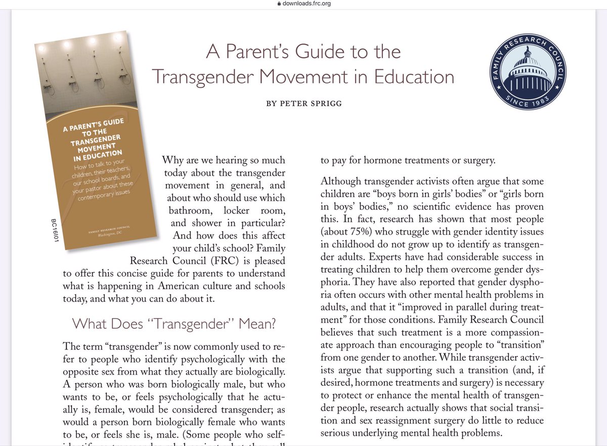 By contrast, we are told that conservative Christians all believe in sex stereotypes just as much as the gender activists. Do they though?Here’s FRC’s, “A Parent’s Guide to the Transgender Movement in Education,” by Peter Sprigg, from 2016. https://downloads.frc.org/EF/EF16I43.pdf 