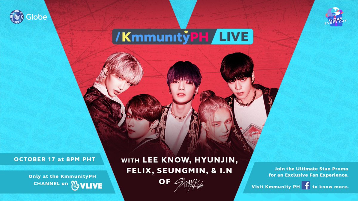 KmmunityPH's tweet photo. It's #GDayEveryDay &amp; more exciting things are happening at #GlobeKmmunityPH! STAYs', it's your turn to gear up. 👀

Catch Lee Know, Hyunjin, Felix, Seungmin, &amp; I.N of #StrayKids on Kmmunity PH LIVE on Oct 17, 8PM PHT for FREE! 💥

RSVP here!👇 https://t.co/gW92sFpi74 https://t.co/xmF0YCsuqX