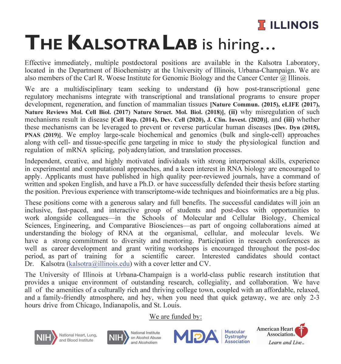KalsotraLab's tweet photo. Please RT!

We are looking for motivated postdocs to join our team working on post-transcriptional gene regulation in a collaborative &amp; inclusive environment, involving multidisciplinary approaches and innovative technologies! https://t.co/efCVFF4wKu