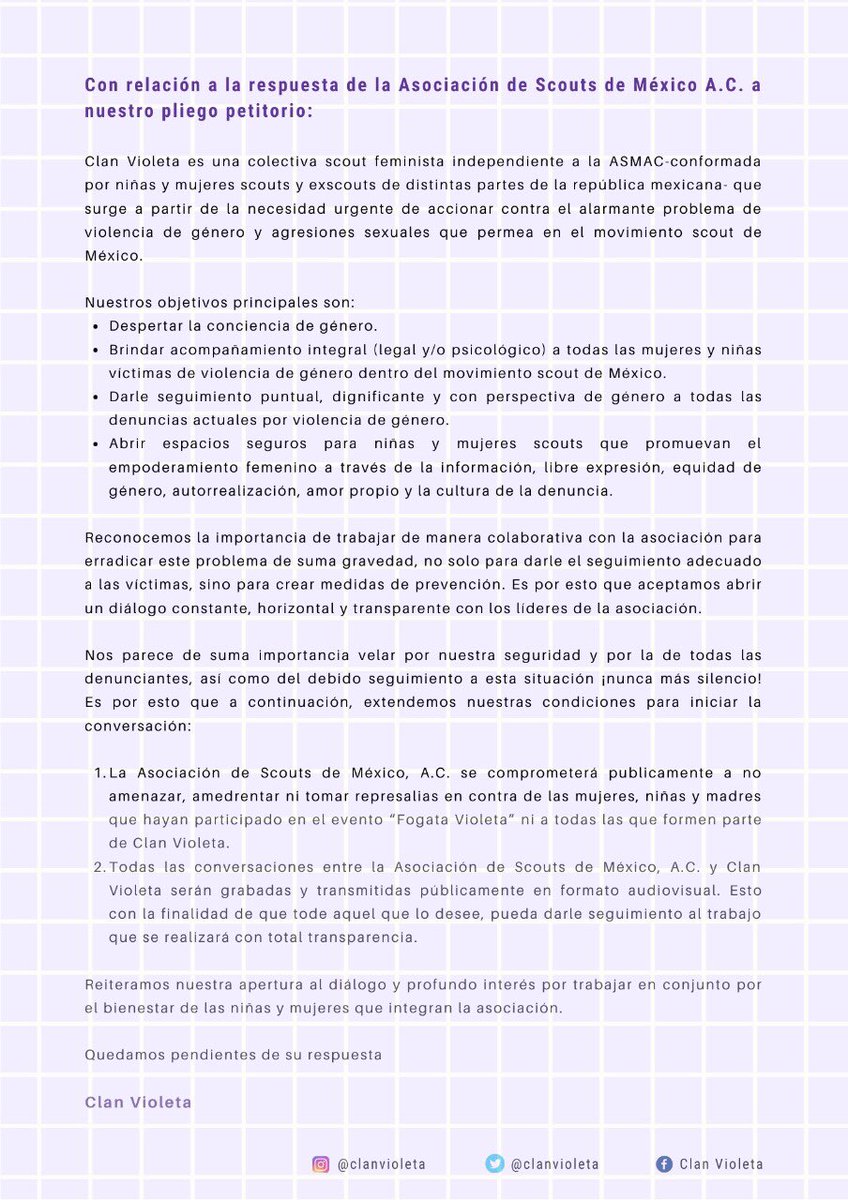 ClanVioleta's tweet photo. Con relación a la respuesta de la Asociación de Scouts de México A.C. @ScoutsMexico sobre nuestro pliego petitorio. https://t.co/A3vbpgtN0Z