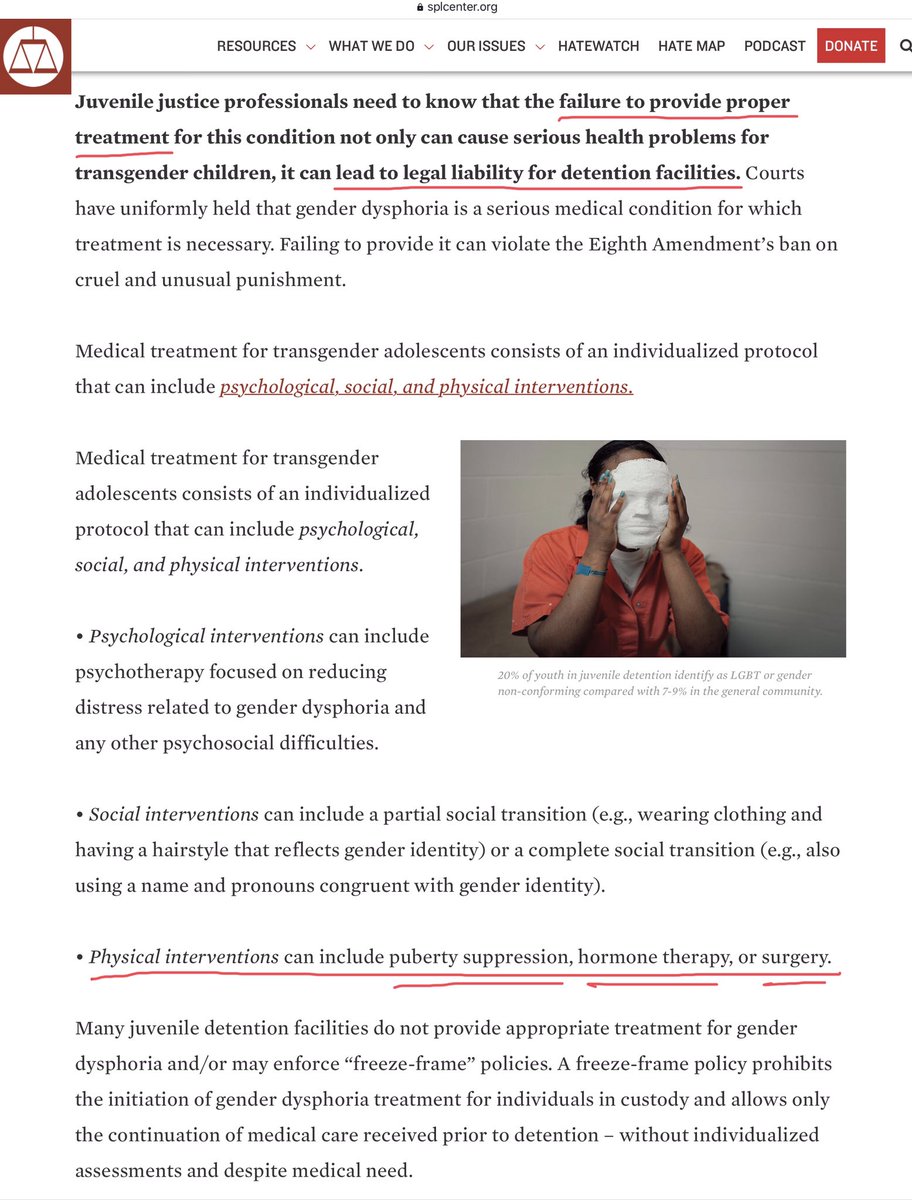 Using the usual threats of legal liability, maybe because the SPLC themselves might sue, they advised youth corrections professionals that they should offer, “physical interventions [that] can include puberty suppression, hormone therapy, or surgery,” for dysphoric youth.