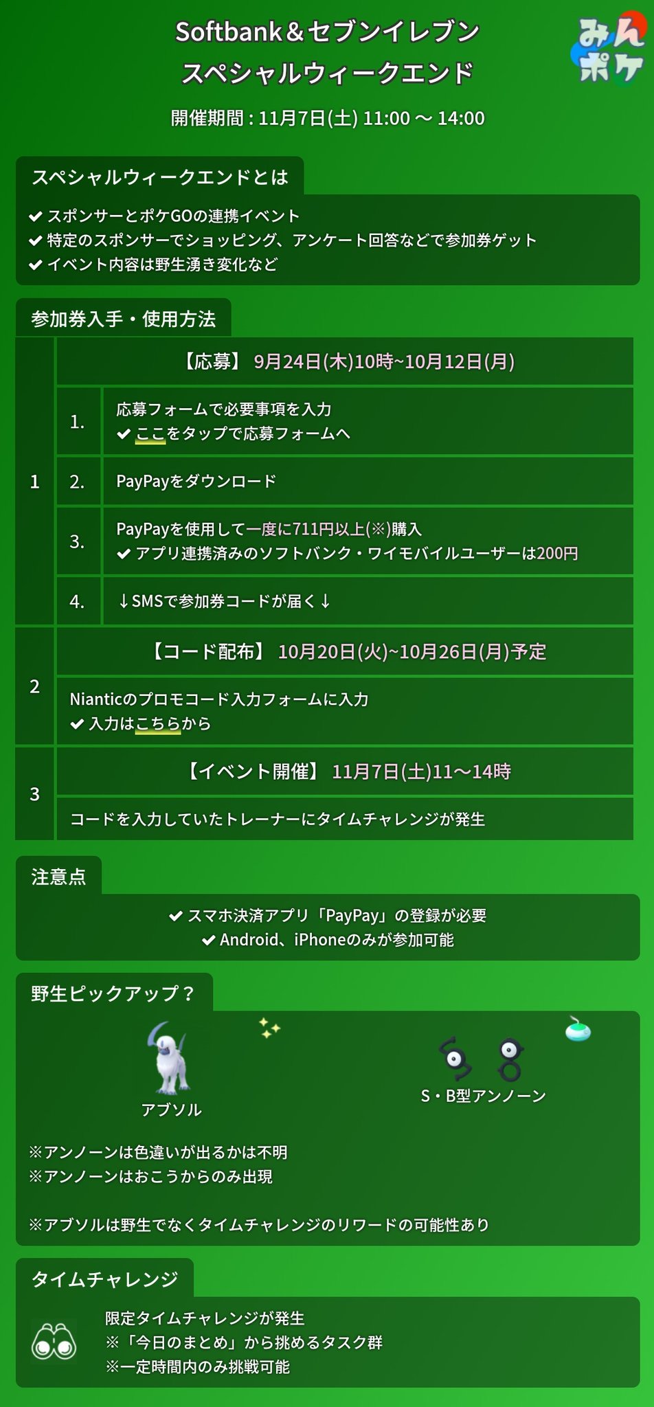 ポケモンgo攻略 みんポケ Softbank セブンイレブンのスペシャルウィークエンド 開催期間 11月7日 土 11 00 14 00 ピックアップポケモン アブソル アンノーンs B 公式発表画像から予測 T Co Ltbhikujaf ポケモンgo T Co