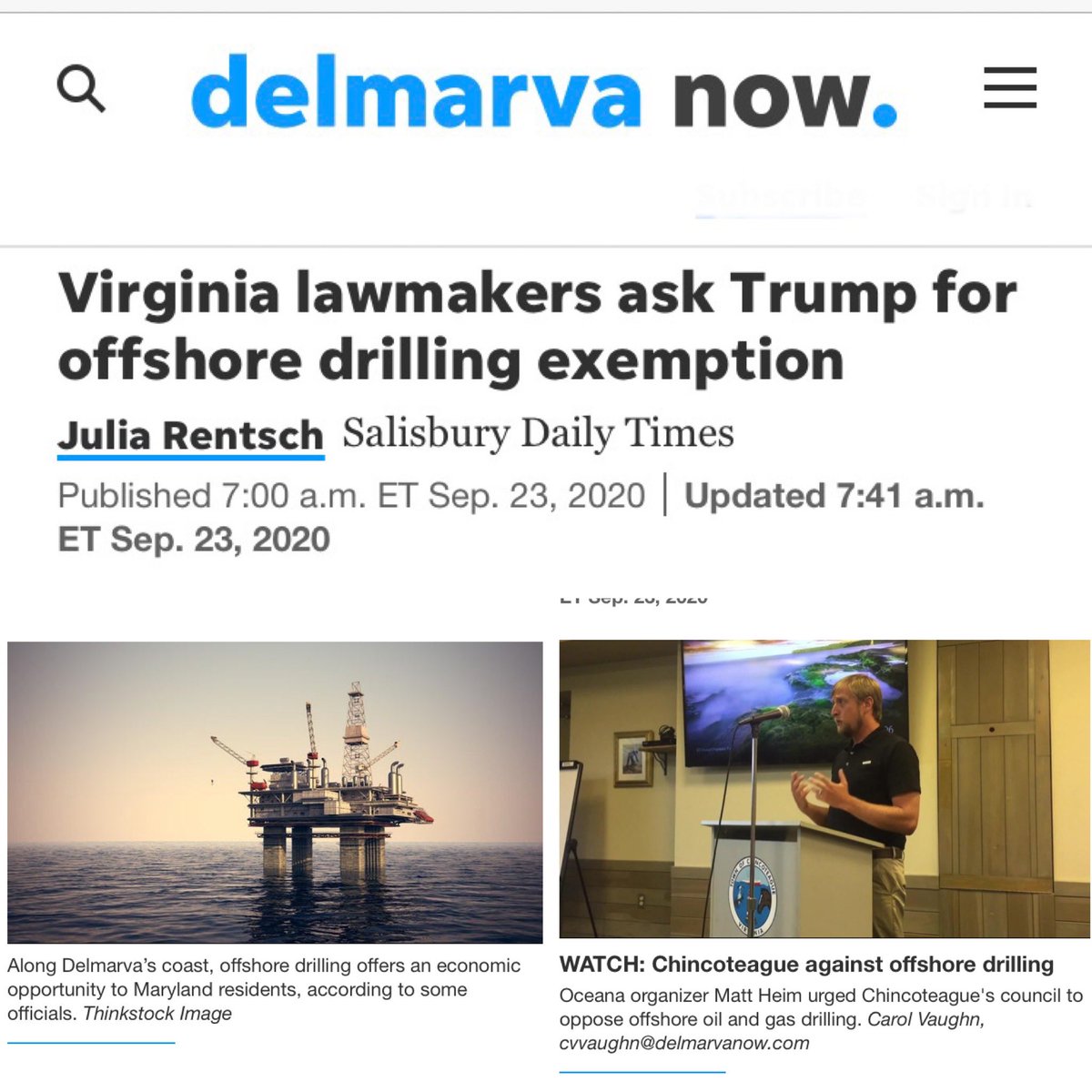 Great article by Julia Rentsch,  <a href="/MyDelmarvaNow/">Delmarva Now</a> 
.
‘Virginia lawmakers ask Trump  for offshore drilling exemption’ 

#ProtectOurCoast   
Click link for article 👇
delmarvanow.com/story/news/202…