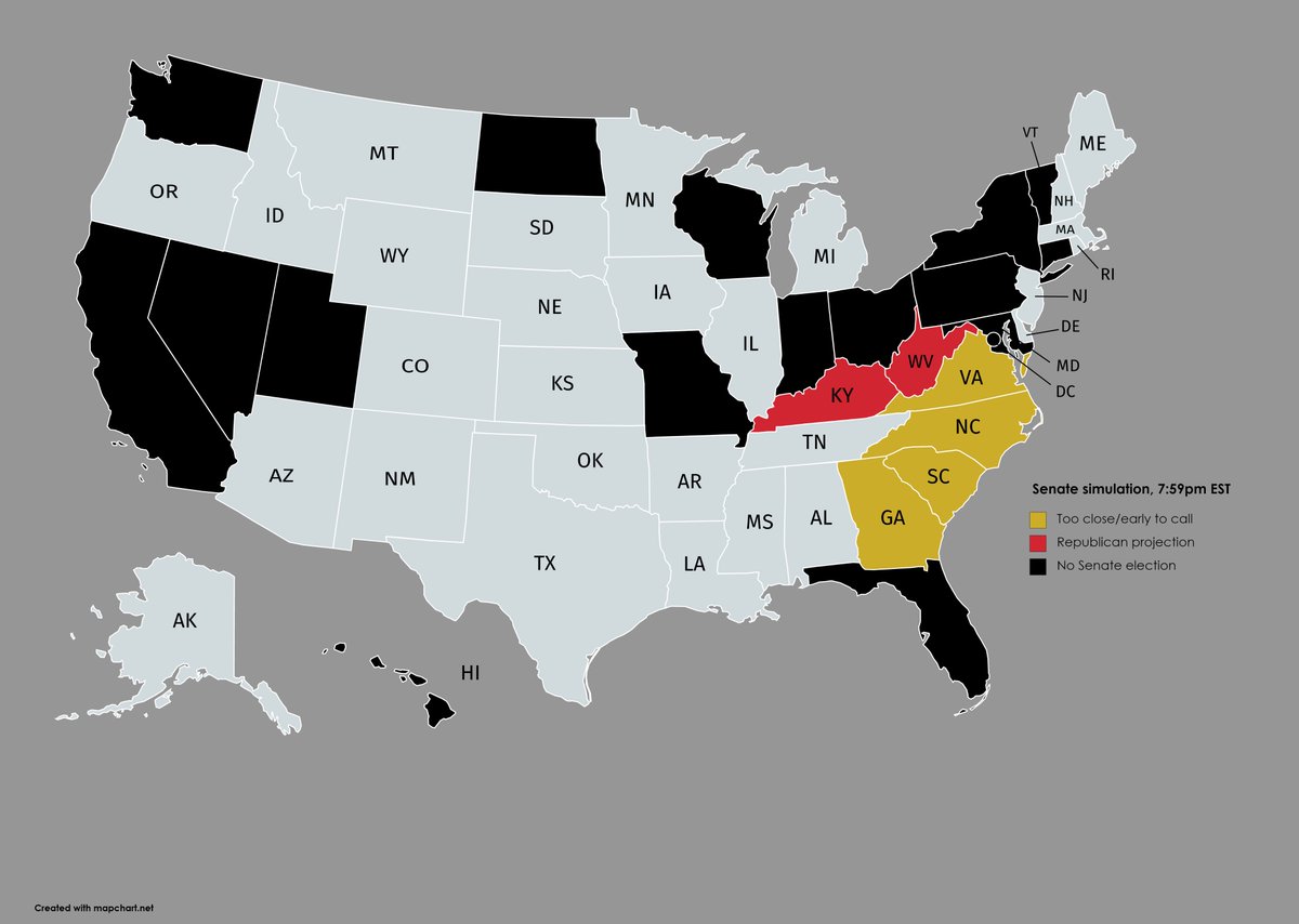 It's November 3rd. The time is 7:59pm on the East Coast. With only seven Senate races on the map so far, most remain up in the air. The Senate Majority Leader sailed to reelection and was called within minutes. Newsrooms buckle up for what may be a long night.