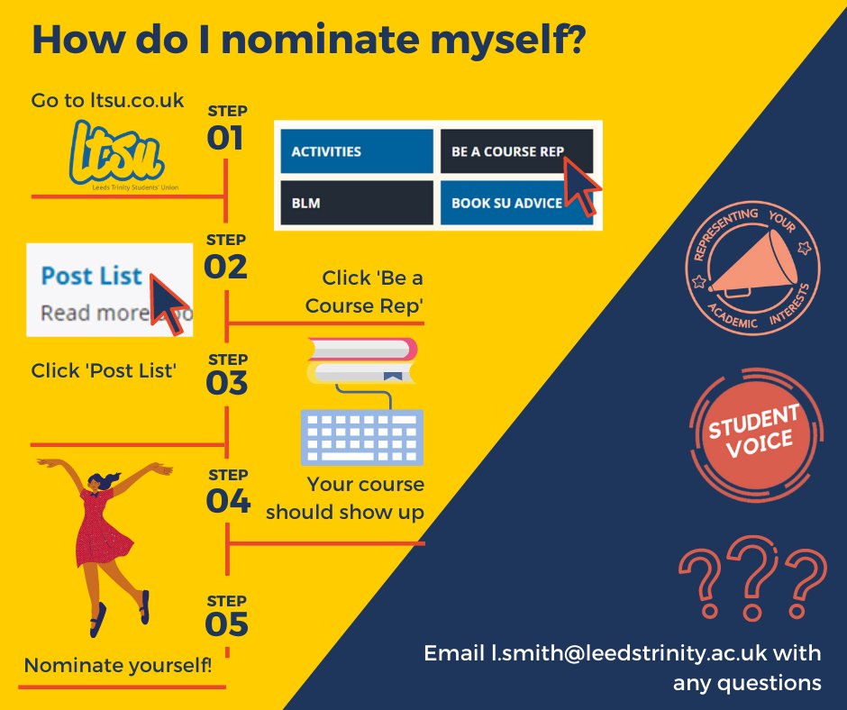 leedstrinitysu's tweet photo. Ready to become a Course Rep? follow these 5 simple steps to nominate yourself for the role. 

You'll be able to represent students on your course and earn some freebies along the way. 🗣

https://t.co/QaHdfiI100

#StudentVoice #SUCourseRep https://t.co/UBGrNABN6F