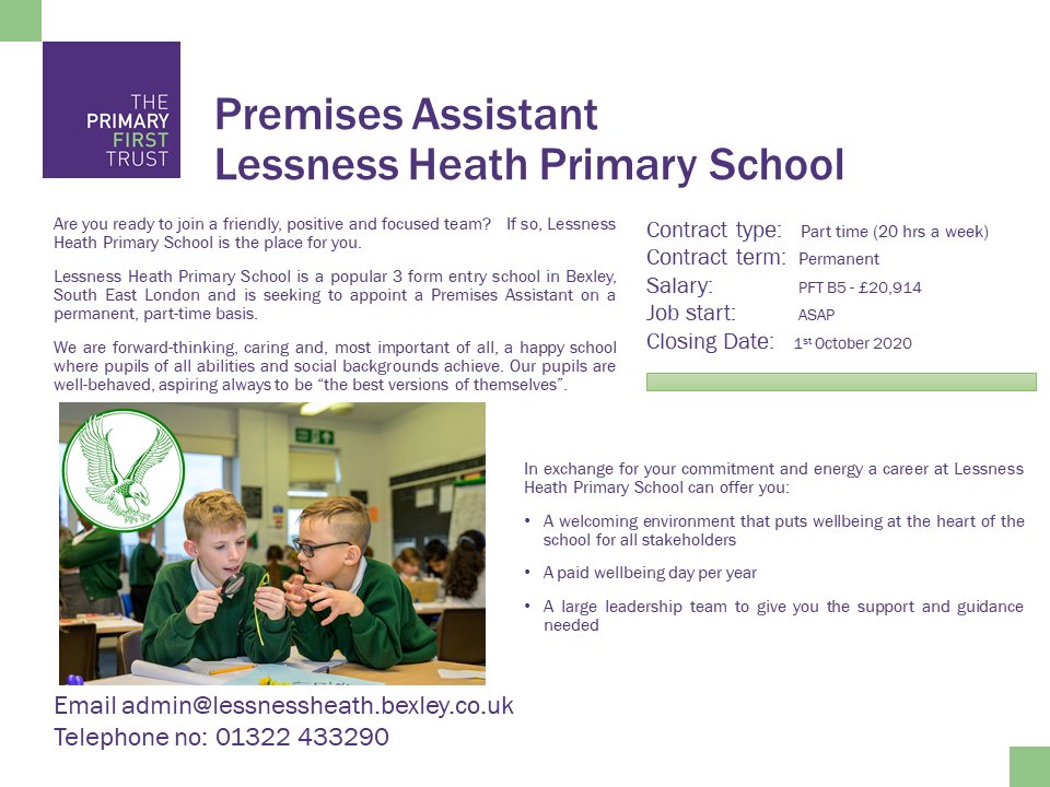 Primary1stTrust's tweet image. @LessnessHeath 
For more details see:  theprimaryfirsttrust.co.uk/premises-assis… #schooljobs #premises #First4staff
