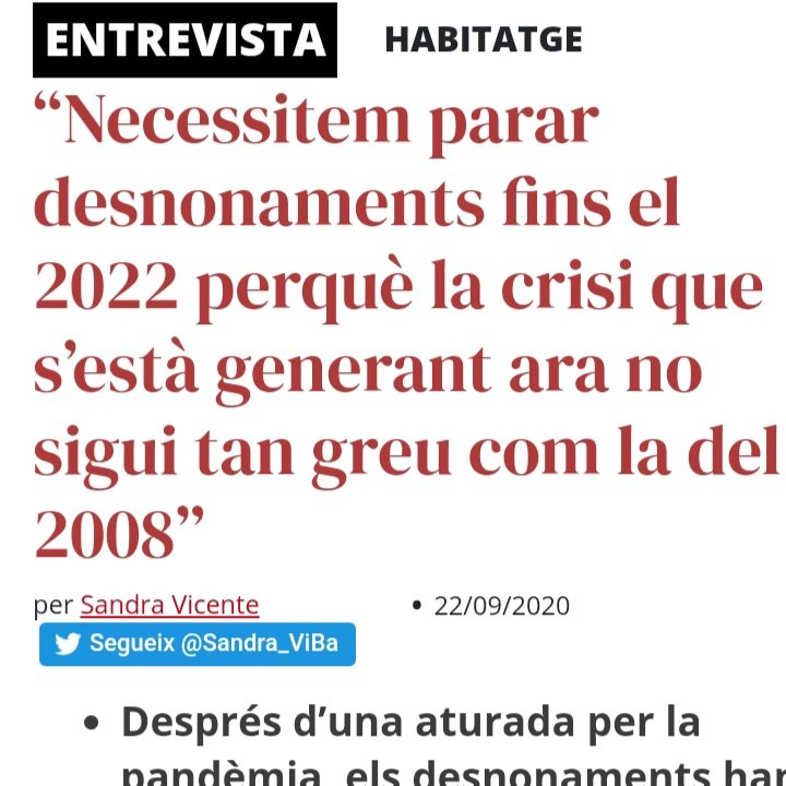 PAHCBM's tweet photo. 📰 Entrevista a @Juand_jo, portaveu de @LA_PAH:

"Hem de tenir en compte que abans de la pandèmia teníem una mitjana de 250 desnonaments diaris a Catalunya. Aquests no han desaparegut, acabaran tornant. (...)"

👉 https://t.co/m0s5RGfjRW https://t.co/CI1CzjRj3Z
