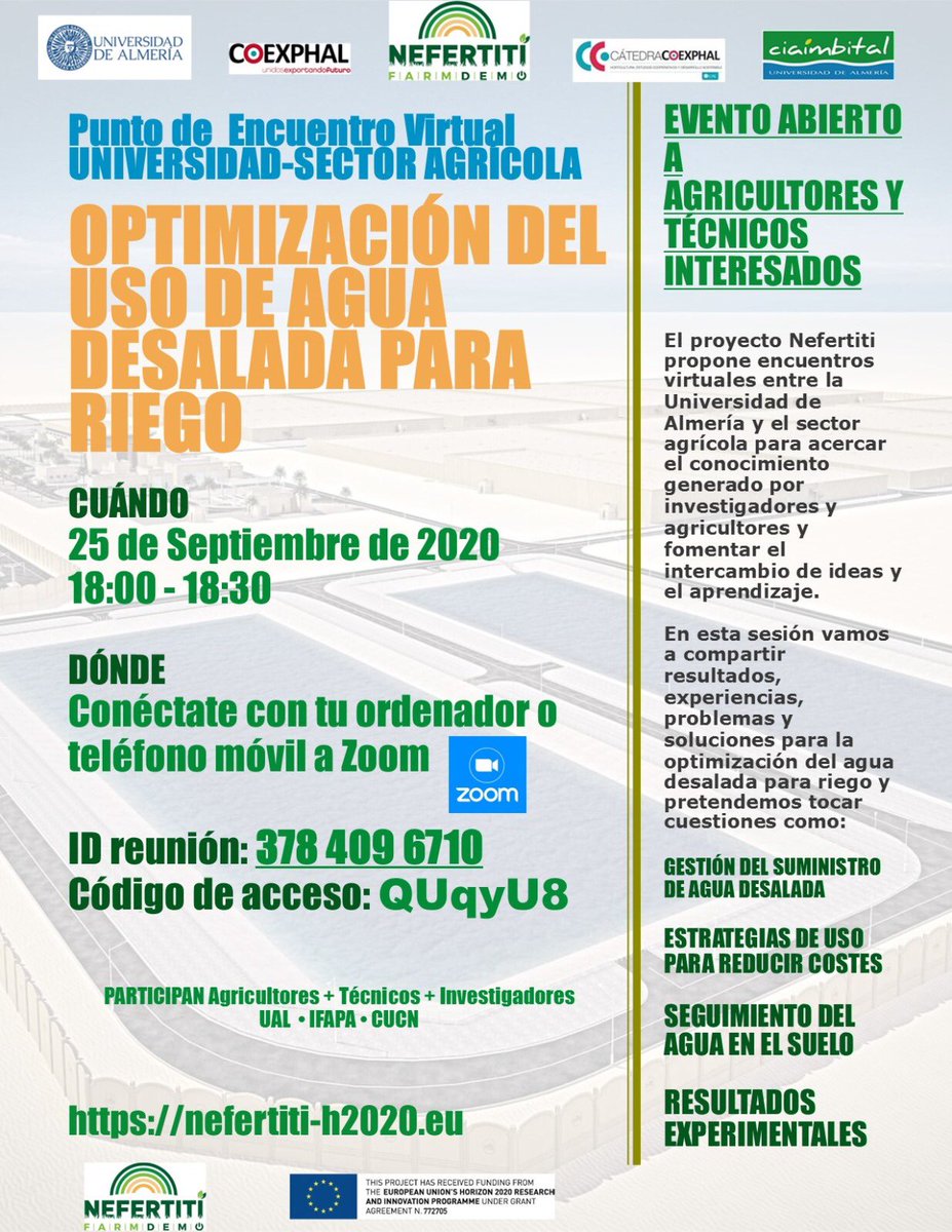 Mañana viernes primer encuentro virtual UAL- Sector Agrícola para tratar sobre optimización en el uso de agua desalada. Entra! (tanto si eres productor como si no)