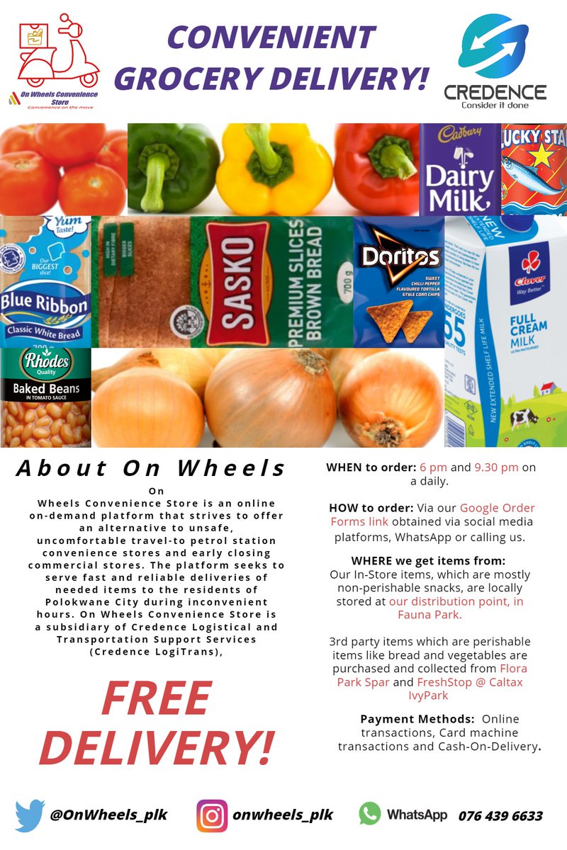 OnWheels_plk's tweet photo. Convenience delivered straight to your doorstep! Polokwane don't fret, we got you during inconvenient times! https://t.co/0Z681AiIGc