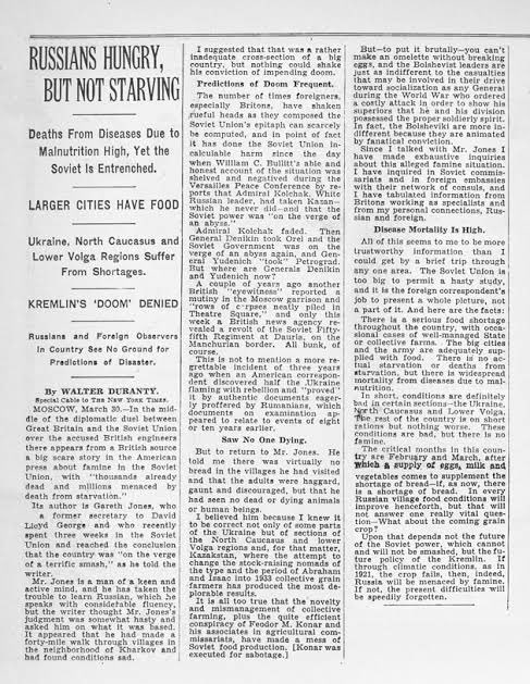 Como o THE NEW YORK TIMES ajudou a esconder a grande fome da Ucrânia em 1932 através de um jornalista ganhador do PRÊMIO PULITZER chamado Walter Duranty “A Rússia tem fome, mas não muita”