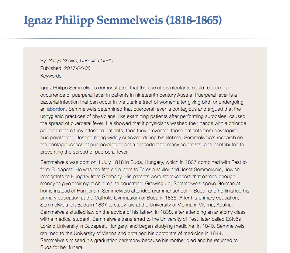 370) The Hektoen International article inexplicably claims that Semmelweis was non-Jewish. However, another article (link below) states that “He was the fifth child born to Teresia Müller and Josef Semmelweis, Jewish immigrants to Hungary from Germany.” https://embryo.asu.edu/pages/ignaz-philipp-semmelweis-1818-1865