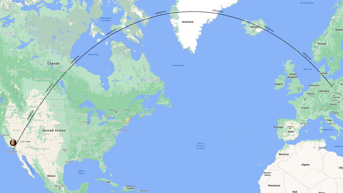 the answer was D, the speed of light. here's the problem. this is the most direct path from LA to Berlin. 9334km, at the speed of light is a round trip time of 62ms. but obviously this requires a no-stop cable that runs directly through some Big Shit and thats not feasible  https://twitter.com/chhopsky/status/1308989660421599236