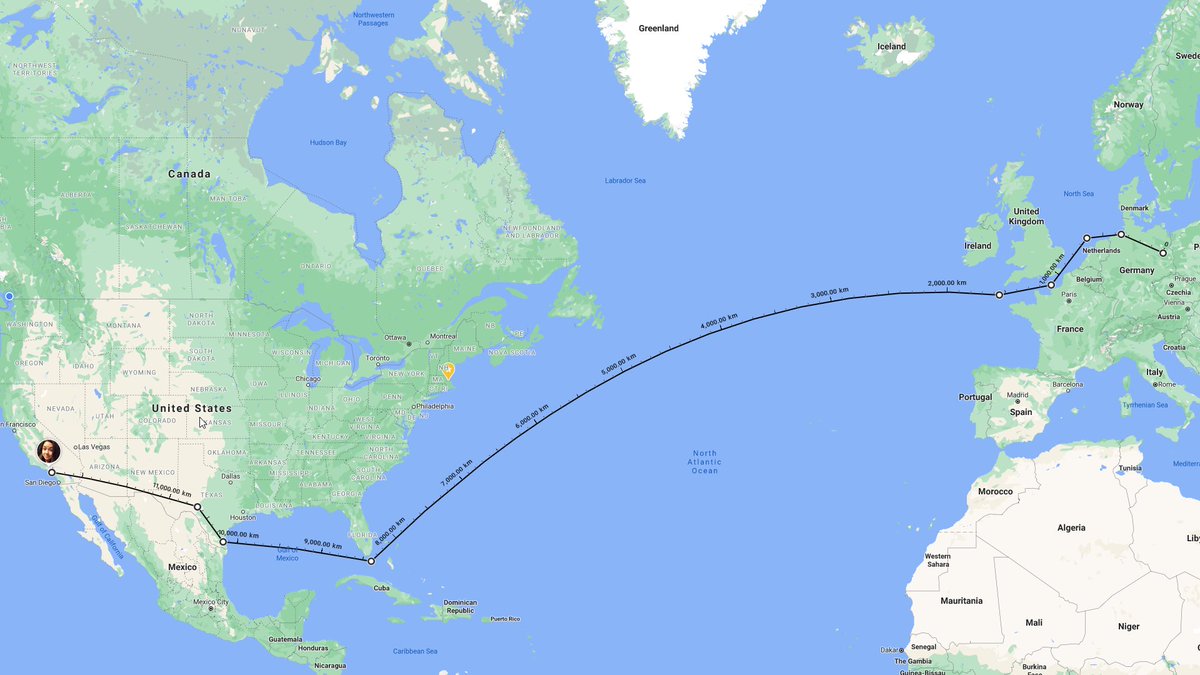 if you tried to go across the US as quickly as possible, then straight to germany, all of a sudden you're up to 12,345km. 82ms round trip time. getting shitty now, and this is with zero hops. but you can't dedicate a cable to this, you NEED hops so people can jump on and off