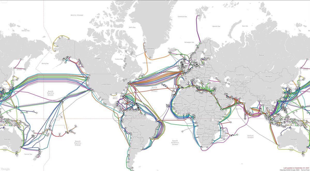 the actual international cable map .. looks like thiswith the number of hops required to make this path even close to making sense, including crossing the US, the actual distance traversed just keeps growing and growing, and it doesnt take long before it's totally fucked