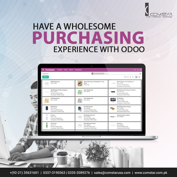 Odoo Purchase offers a holistic purchasing experience. From managing orders and invoices to asking for quotations and purchase tenders, it has it all.

#manageorders #inventoryperformance #improvesupplychain #purchasemoduleodoo10

sales@comstarusa.com
0337-3190363 | 0335-2089276