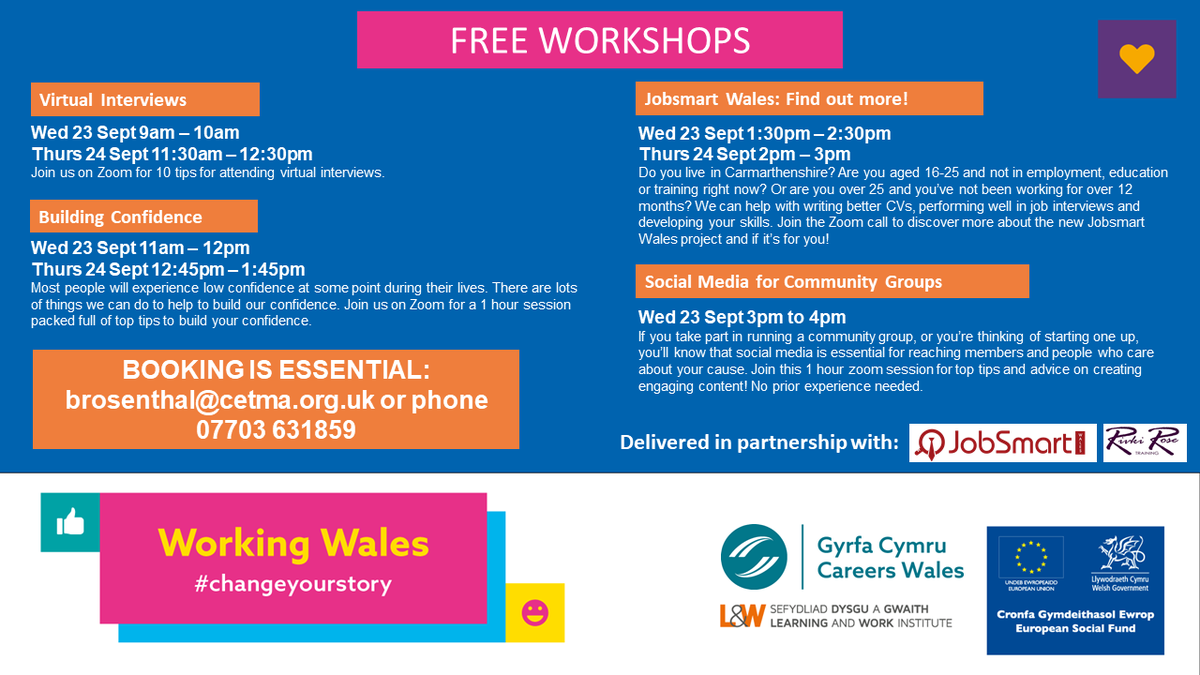 RR_Training's tweet photo. We still have places left on these! Booking Essential...

#changeyourstory #The60 #AdultLearnersWeek #ALW2020 @JobSmartW @LearnWorkCymru https://t.co/j7bB4Ez0p7