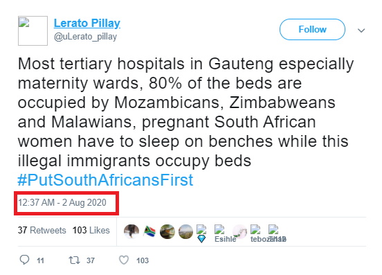 For example: two separate claims that pregnant SA women need to sleep on benches because foreign nationals occupy maternity beds were taken from a tweet in 2019. The original tweet made no mention of foreigners: Gwala, however, did. Twice.