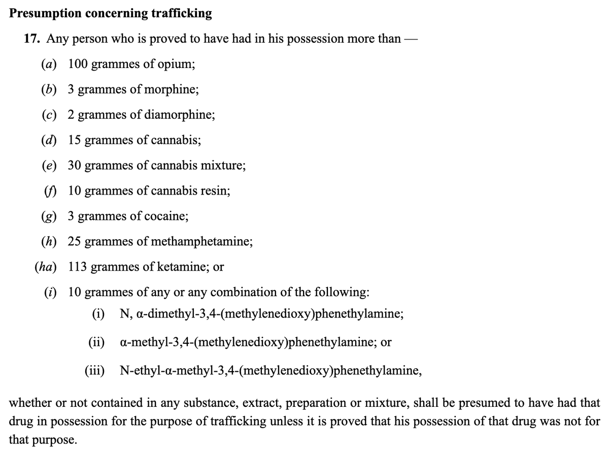 What are these presumption clauses? First: if you have more than 2g of heroin, Section 17 of  #Singapore's Misuse of Drugs Act (here:  https://sso.agc.gov.sg/Act/MDA1973#pr17-) presumes that you are trafficking the drugs.