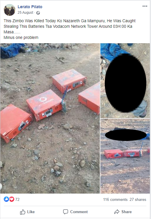 Here, Gwala replaced the word "dude" with "Zimbo" in a post about an unidentified man killed after stealing cell tower batteries. Gwala called the alleged Zimbabwean's death "minus one problem".